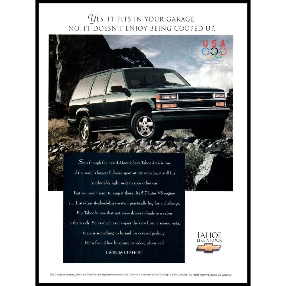 1995 Chevy Tahoe 4x4 SUV Vintage Print Ad USA Olympics Off Road Wall Art Photo